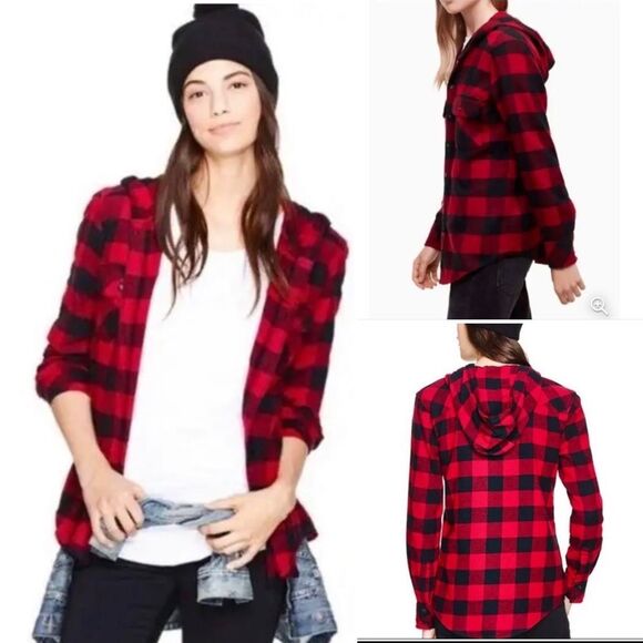 Aritzia TNA Brewster Boyfriend Hooded Buffalo Plaid Flannel Shirt Shaket M Red - Picture 16 of 16